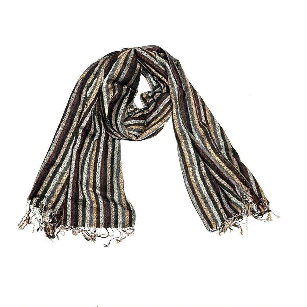 Large Wool Scarf Shawl Wrap Lightweight Striped Gray Brown Tan Men’s Women’s